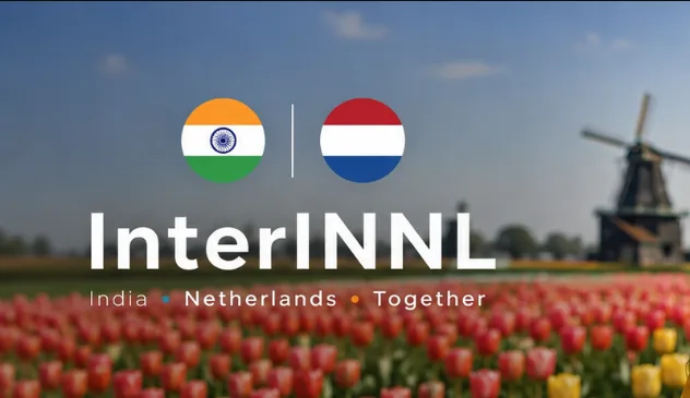 InterINNL banner with India and Netherlands flags over Dutch tulips and a windmill