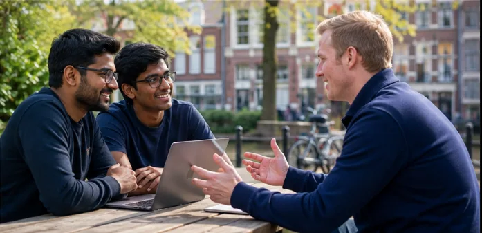 Indian and Dutch builders meeting outdoors by a canal in the Netherlands