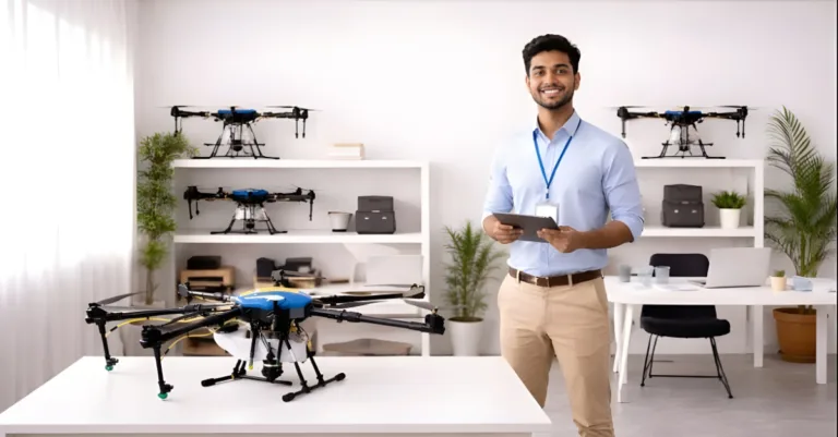 Agricultural drone flying over green crop rows