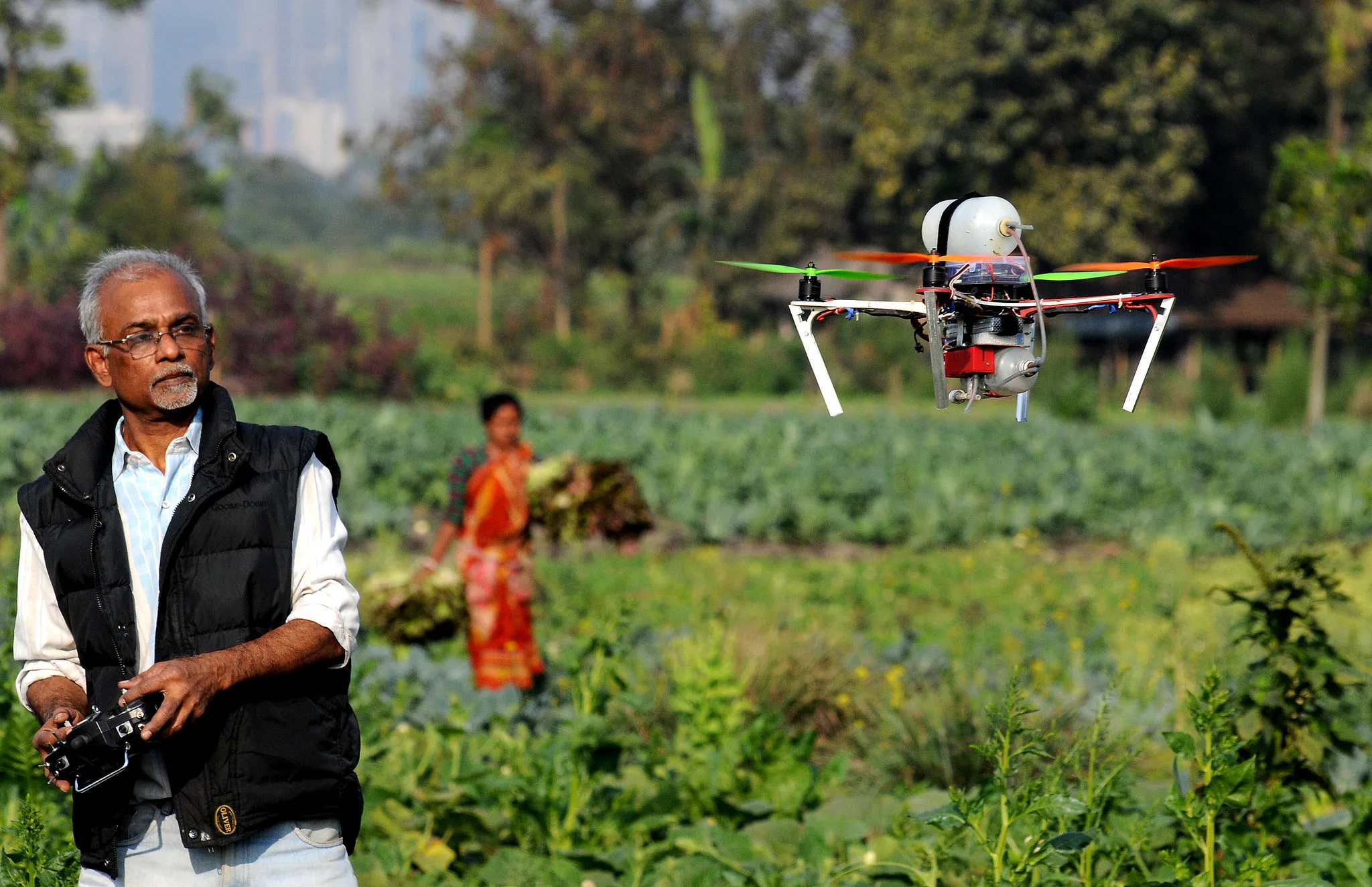 Farmer operating an agricultural drone in an Indian field