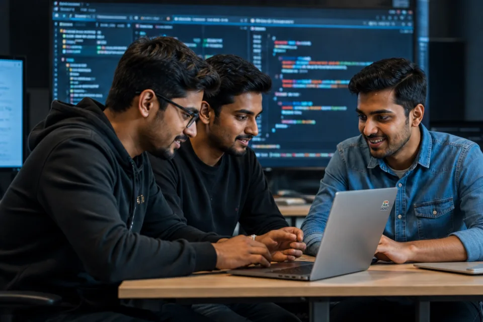 Indian engineers collaborating around a laptop with InterINNL sticker on the lid