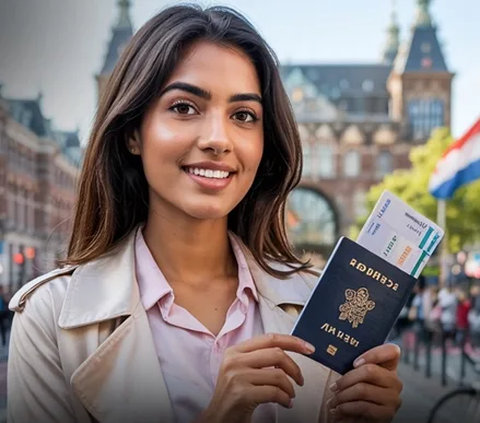 Indian woman smiling in a Dutch tulip field with flags behind her
